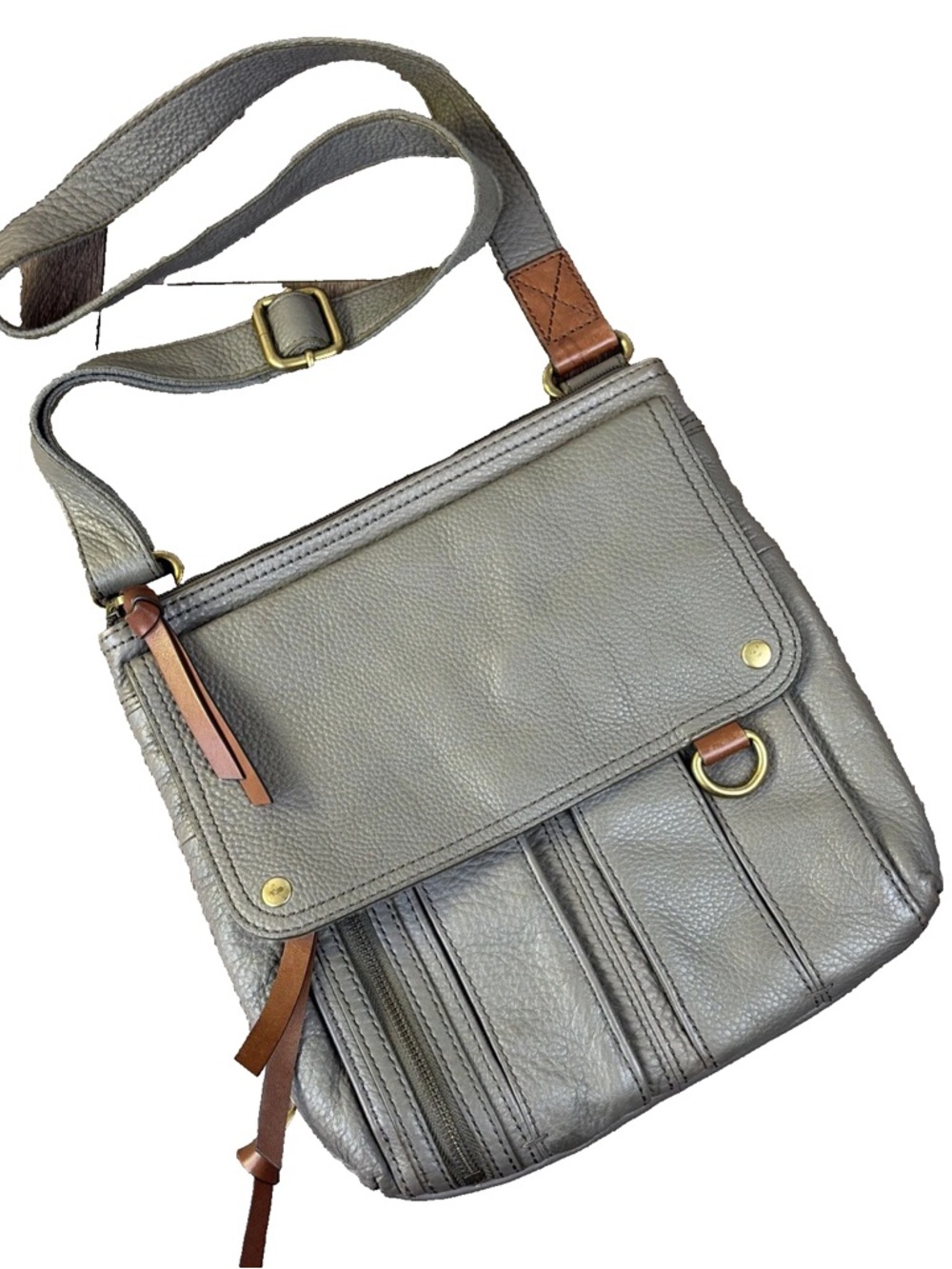 Fossil Morgan Traveler Gray Pebbled Leather Crossbody Messenger Organizer Bag